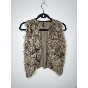 Take Out Faux Fur Vest Womens Small Brown Knit Open Front Western Boho Old Money
